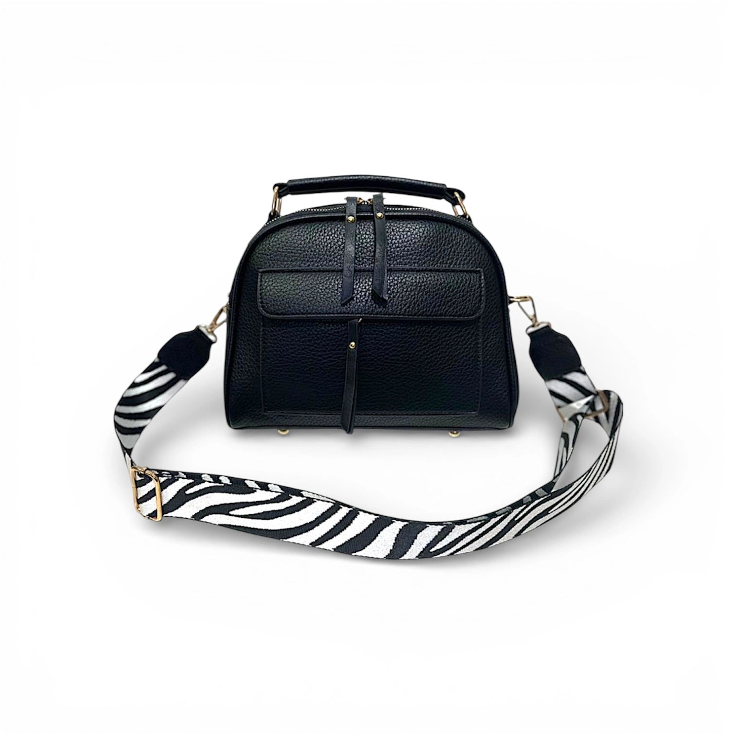 Cartera bandolera en color negro de material ecocuero con strap de animal print 