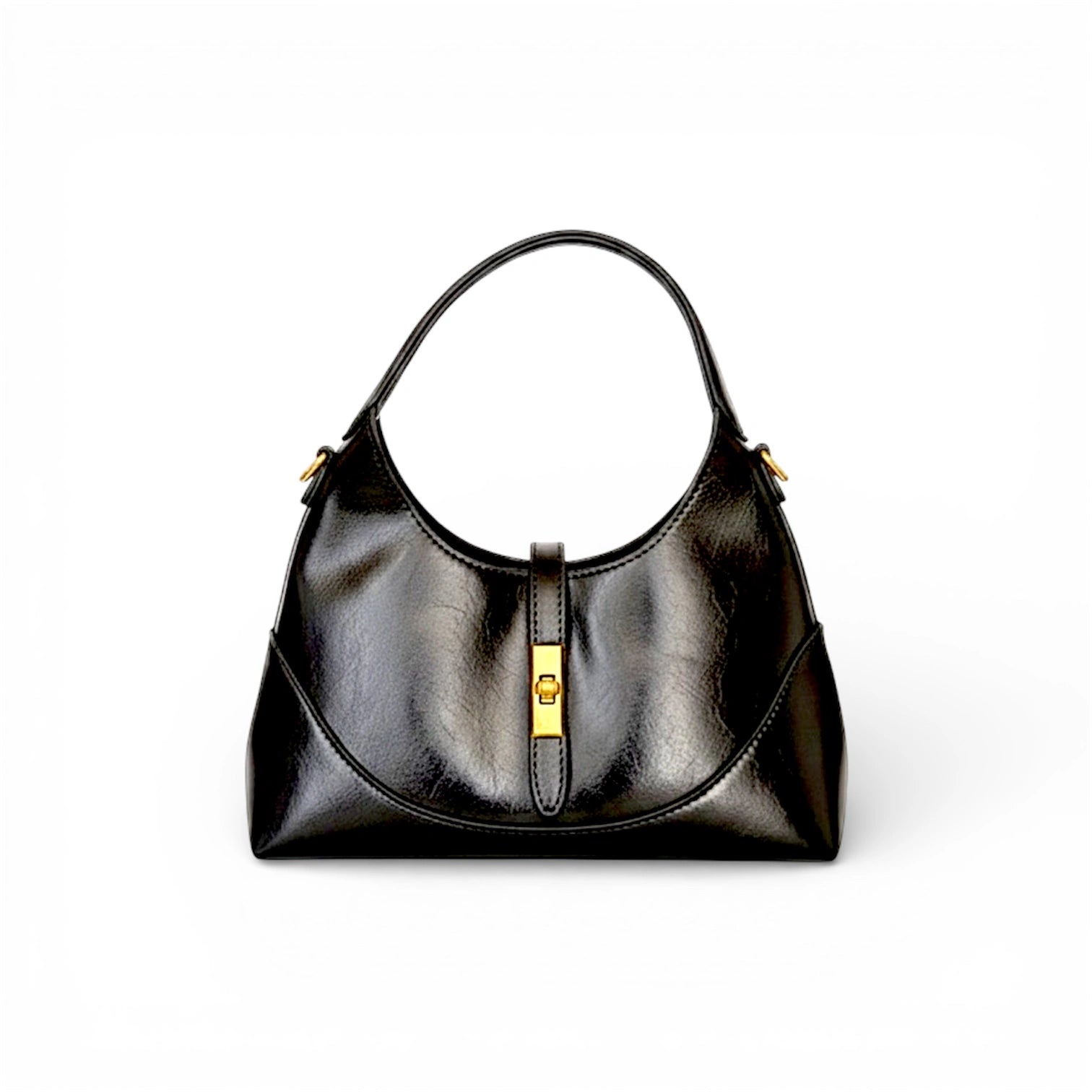 BOLSO DE MANO HOBO NEGRO BRILLANTE CON DETALLES DORADO SOBRE FONDO BLANCO