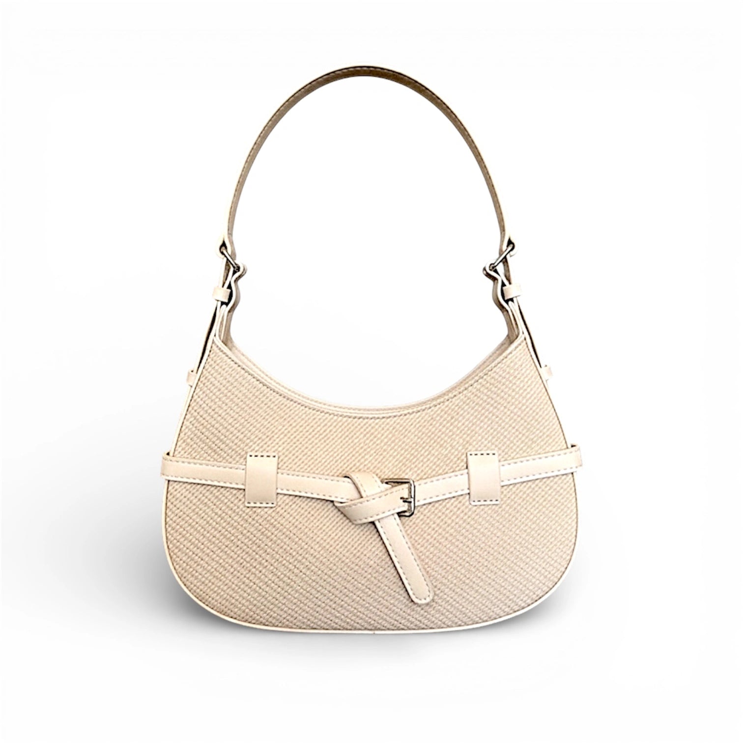 Bolso de hombro texturizado, detalle de cinturón frontal con hebilla metálica y asa larga ajustable en color beige