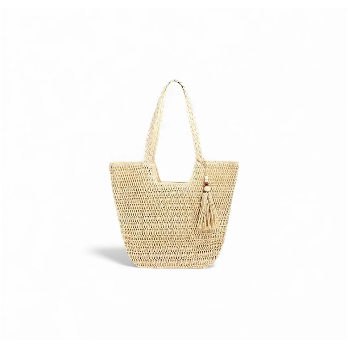 Cartera de verano color natural, diseño tejido, liviana y práctica.