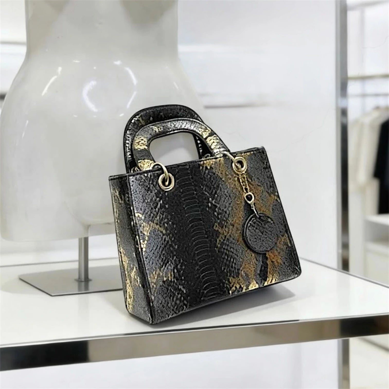 Bolso de mano estructurado con textura de piel de serpiente en tonos verdosos, asa superior y charm decorativo a juego