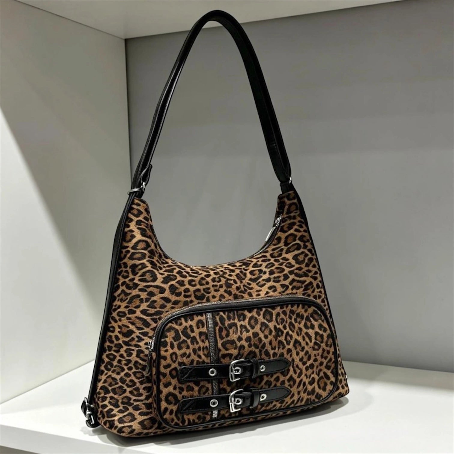 Cartera mochila convertible animal print con bolsillos y hebillas de diseño exclusivo.